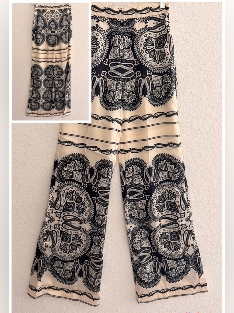 Sandro Paisley Print High-Waisted Trousers | Beige & Navy Floaty Flared Pants